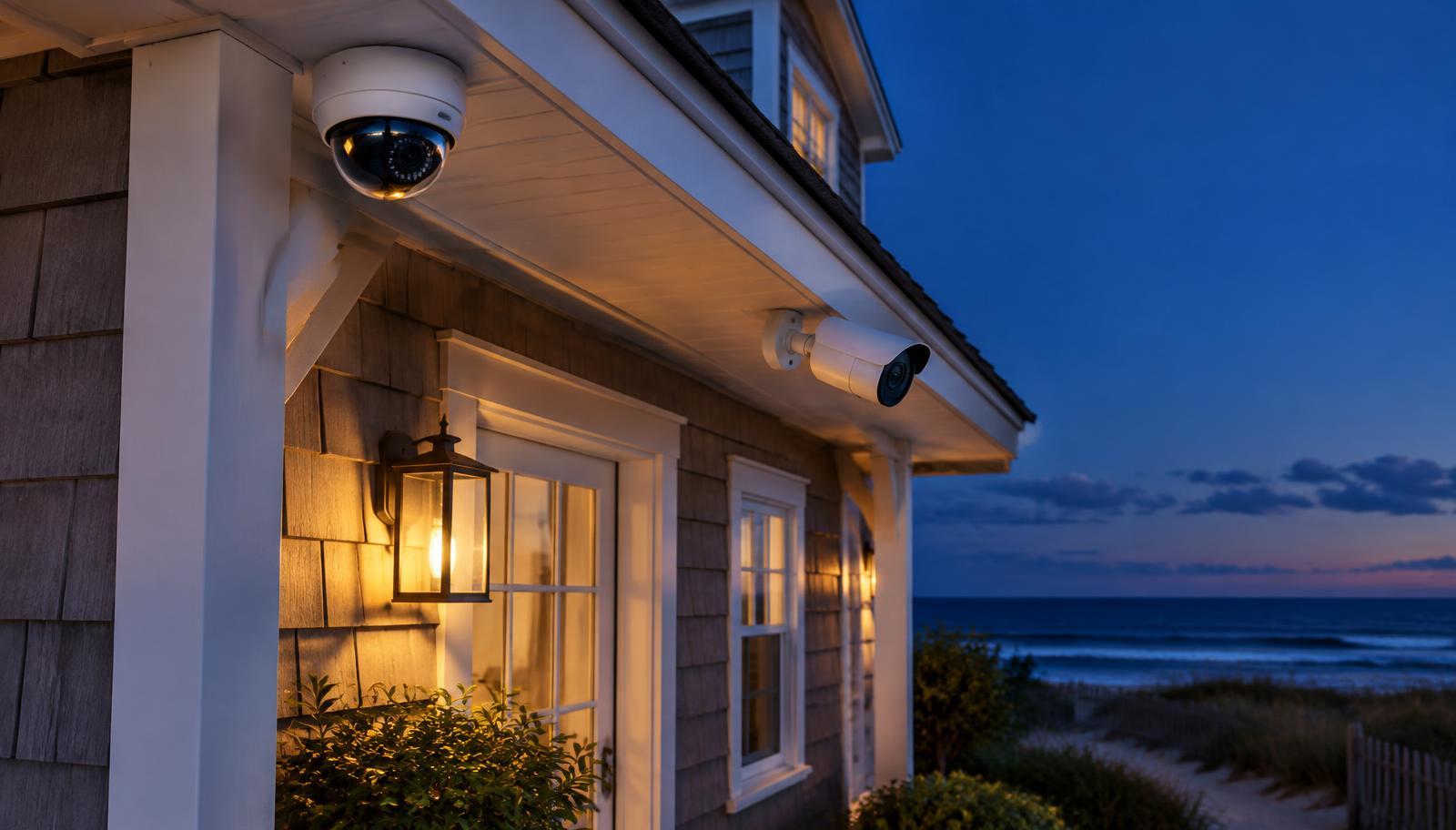 White dome and bullet security cameras mounted under the eave of a shingled beach house at dusk